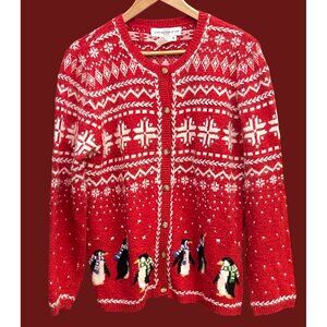 Vintage Marisa Christina Penguin Christmas Cardigan Knit Festive Holiday Sweater